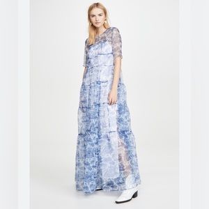 STAUD Hyacinth Tiered Printed Crinkled Organza Maxi Dress Sheer Blue Whi…